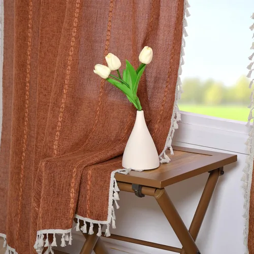 Vista 8 de Cortinas bohemias de color naranja quemado, cortinas rústicas de terracota para sala de estar, 2 paneles de 63 pulgadas de largo, de lino