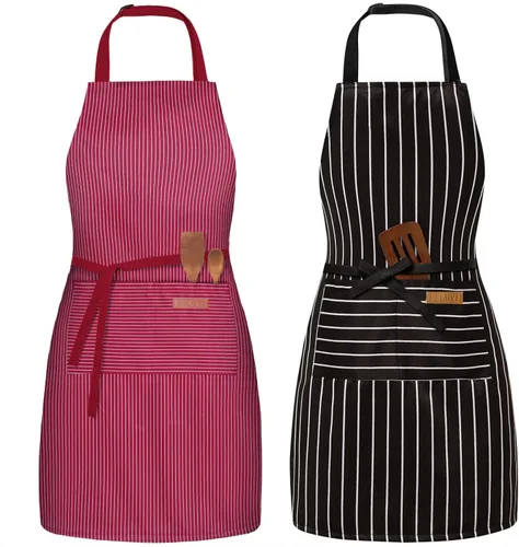 Vista 9 de Paquete de 2 delantales ajustables con peto, delantales de chef para cocina, restaurante, con 2 bolsillos, delantales para mujeres y hombres