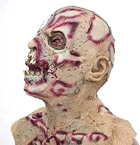 Vista 3 de Molezu - Máscara de látex de zombie o muerto viviente para adulto, disfraz tenebroso y sangriento para halloween, cosplay, fiesta de disfraces (D)