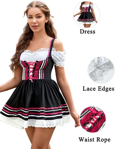 Vista 5 de Disfraz de sirvienta de cerveza Oktoberfest, disfraz de 2 piezas, vestido de cosplay, cerveza alemana, disfraz de festival de octubre para mujer