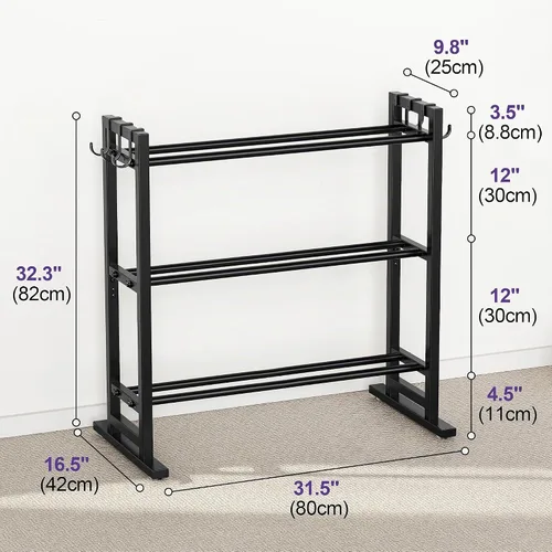 Vista 6 de niffgaff Estante Ajustable de 3 Niveles para Mancuernas con Ganchos, Base Extendida para Almacenamiento de Pesos para Gimnasio en Casa – Soporta