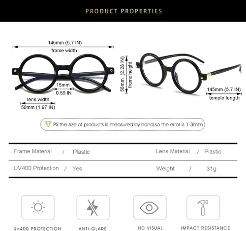 Vista 6 de Gleyemor Gafas redondas retro para hombres y mujeres, marcos de gafas circulares vintage, para disfraz, cosplay, lentes anti luz azul