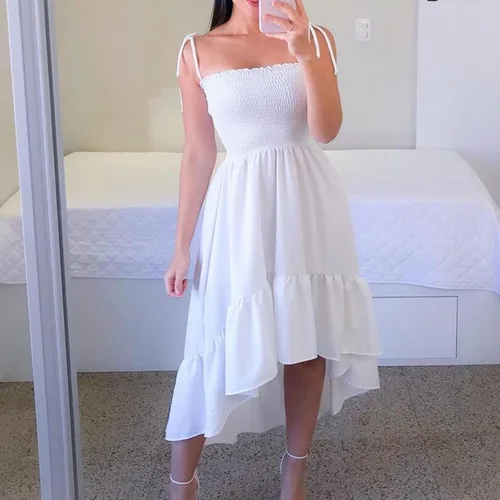 Vista 4 de MRGIINRI Vestido de verano con tirantes delgados para mujer sexy sin mangas asimétrico alto bajo liso acampanado vestido midi Blanco talla única