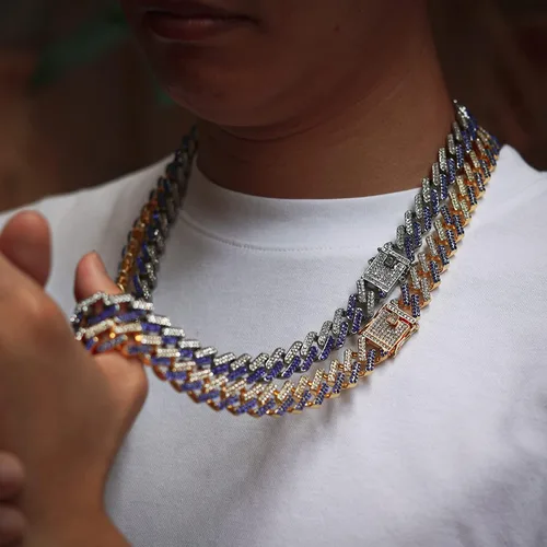 Vista 5 de Cadenas de oro para hombre, diamantes azules, negros, rojos, blancos, eslabones cubanos helados, 130.591 in de ancho, chapado en oro real de 18