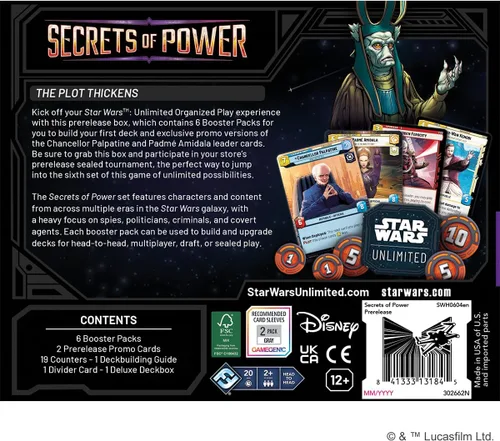 Vista 3 de Asmodee Star Wars: Caja ilimitada de TCG Secrets of Power PRERELEASE - 6 paquetes de refuerzo, tarjetas promocionales exclusivas de la canciller