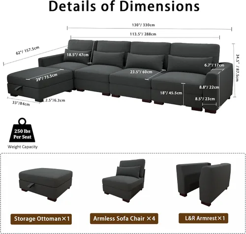 Vista 2 de Moderno sofá de lino en forma de L de 130 pulgadas, sofá modular de 4 asientos con 4 almohadas, otomanas de almacenamiento, sofá cama convertible