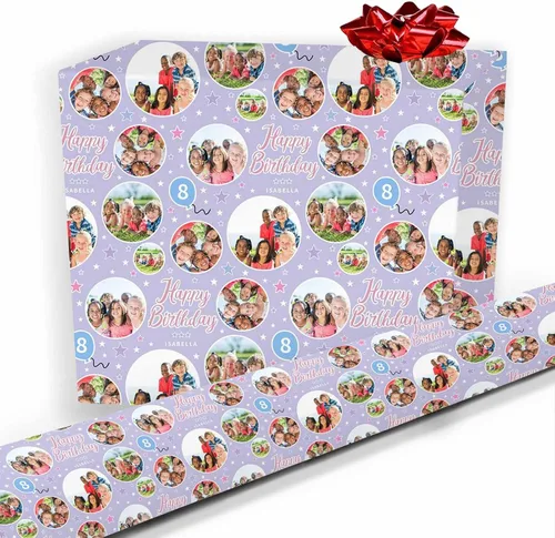 Vista 22 de COLORSFORU Papel de regalo personalizado de feliz cumpleaños con foto de nombre: fabricado en EE. UU., rollo de papel de regalo personalizado, papel