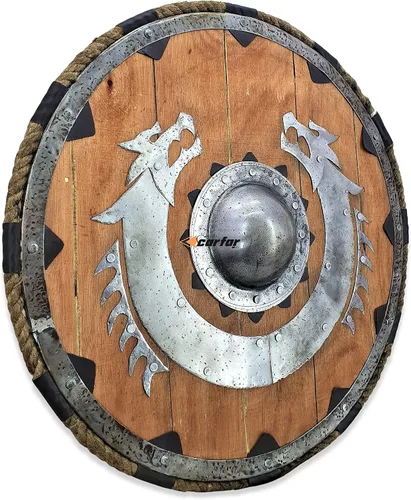 Vista 4 de Carfar Artesanías medievales vikingos hechos a mano 24 pulgadas tamaño completo madera y acero suave escudo guerrero armadura batalla listo diseño