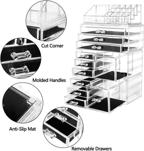 Vista 4 de Paquete de 4 organizadores de maquillaje de acrílico con 11 cajones, organizador de cosméticos transparente y apilable para lápiz labial, joyas