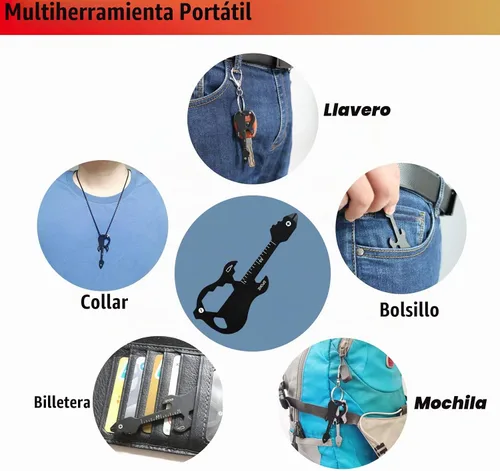 Vista 3 de Llavero multiherramienta de guitarra, herramienta de bolsillo, herramienta de cartera, llavero abridor de botellas 12 en 1 (guitarra, negro)