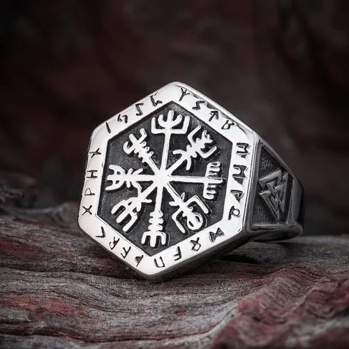 Vista 2 de BAVIPOWER Vegvisir - Anillo de brújula rúnica vikingo con nudo celta de acero inoxidable 316L, joyería vikinga escandinava nórdica