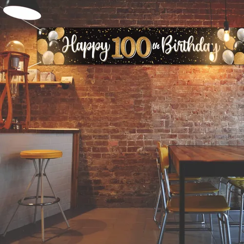 Vista 3 de Decoración de feliz cumpleaños número 100, globo negro y dorado número 100, cartel grande de telón de fondo de cumpleaños, decoración de fiesta