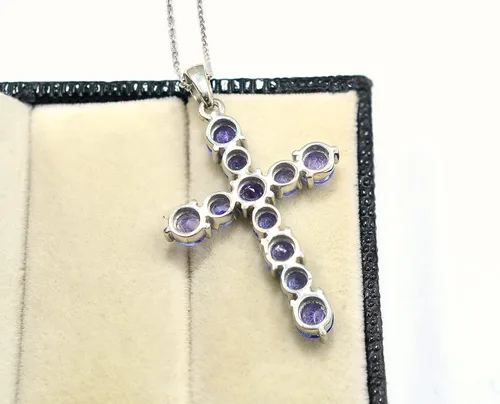 Vista 4 de Collar con colgante de cruz sagrada de plata de ley 925 de tanzanita natural de 0.197in, piedra natal de diciembre, joyería de tanzanita, regalo