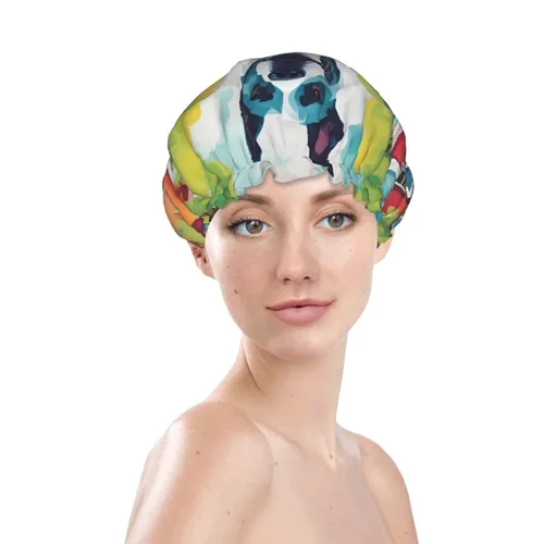 Vista 3 de A Home Dog - Gorro de ducha reutilizable de doble capa impermeable con cordón elástico para limpieza del hogar, cuidado facial, ducha