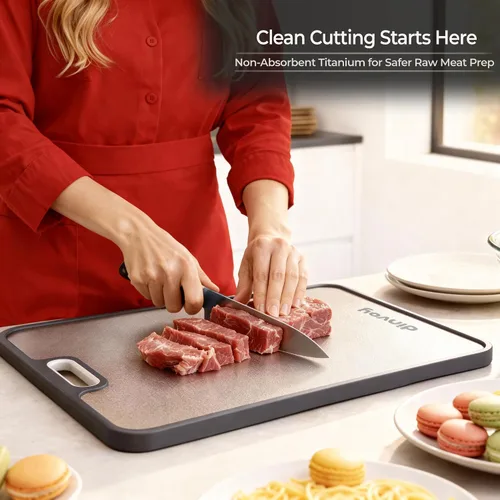 Vista 4 de Tabla de cortar de titanio para cocina – Premium de doble cara GR1 de titanio y paja de trigo, resistente a los arañazos, fácil de limpiar, tabla