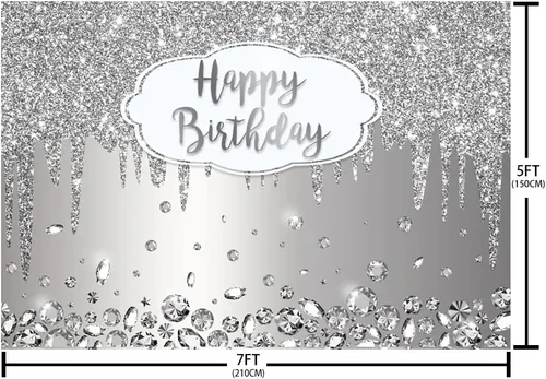 Vista 5 de SENDY Fondo de cumpleaños plateado con purpurina de 7 x 5 pies, suministros de decoración de fiesta de bokeh de diamantes de cristal para niña