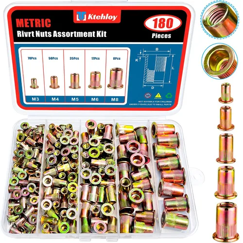 Vista 8 de 100 tuercas de remache de acero al carbono de 1/4 pulgadas a 20UNC de cabeza plana, tuercas roscadas de acero al carbono chapadas en zinc, cuerpo