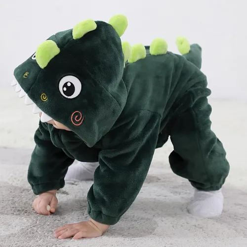 Vista 9 de TONWHAR Disfraz de Halloween para bebés y niños pequeños, traje de nieve de animales (12-18 mesesaltura 74 a 31.1 in, dinosaurio verde oscuro)