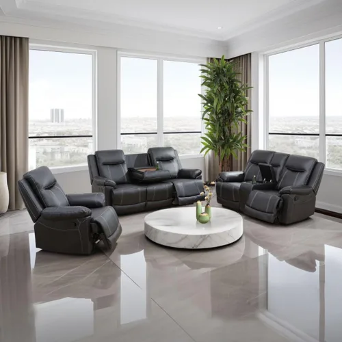 Vista 7 de Juego de sofá reclinable de cuero, juego de sofá manual de cuero regenerado para sala de estar, juego de muebles de sala con consola de Negro