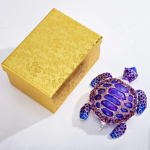Vista 8 de YU FENG Caja de joyería de figura de tortuga marina con bisagras coleccionables de cristal con bisutería decorativa de tortuga de animales (morado)