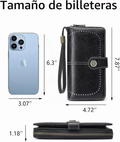 Vista 5 de Billetera de cuero para mujer, de gran capacidad, con cremallera, cartera con cremallera para mujer 1-negro