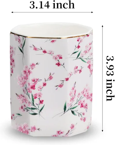 Vista 4 de Soporte para bolígrafo para escritorio, con patrón floral, taza de lápices para niñas, niños, organizador de escritorio de cerámica duradero, Rosa