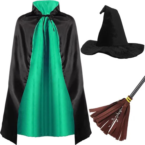 Vista 8 de Boyiee 3 piezas de disfraz de bruja para niños, capa reversible, sombrero de mago, escoba de mago, capa de vampiro para carnaval, Mardi Gras, Día