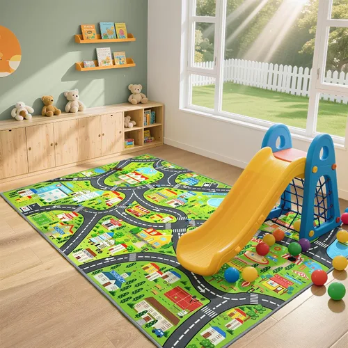 Vista 15 de Alfombras de juego de autos para niños, 36 x 60 pulgadas, tapete de juego de mapa de ruta urbano para jugar con autos, camiones, tapete de juego