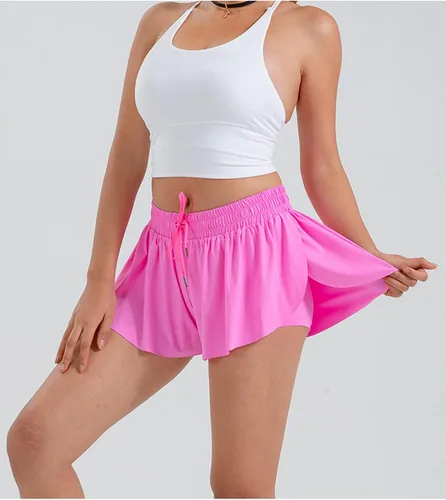 Vista 2 de JWFORIDY Pantalones cortos deportivos fluidos para mujer, 2 en 1, pantalones cortos de mariposa, faldas de cintura alta, pantalones cortos