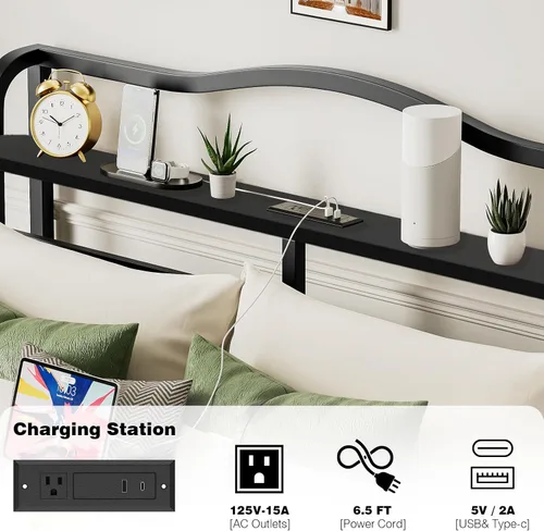 Vista 4 de Base de cama Individual XL con cabecera, base de colchón de metal, armazón de cama de 18 pulgadas de alto, no necesita somier, base de cama de 46 cm