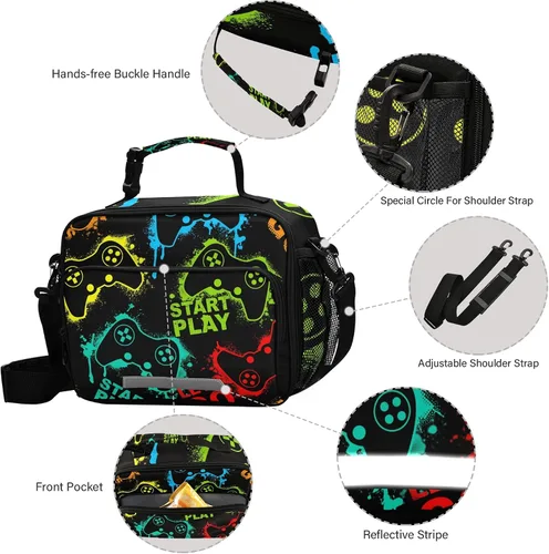 Vista 3 de Bolsa de almuerzo con patrón de videojuego, cajas de almuerzo aisladas, enfriador, contenedor de alimentos para adultos, hombres y mujeres