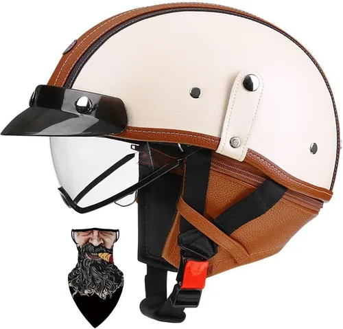 Vista 8 de Casco Moto Retro Jet Vintage DOT Homologado para adultos, hombres y mujeres, forro transpirable desmontable, Visera Retráctil PC y hebilla rápida
