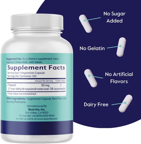 Vista 3 de BESTVITE 7-Keto 50 mg DHEA (120 cápsulas vegetarianas) - Sin estearatos - Vegano - Sin OMG - Sin gluten - Apoya el metabolismo energético*