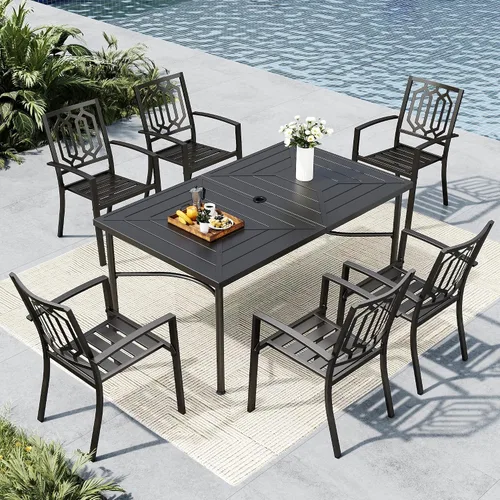 Vista 18 de MFSTUDIO Juego de comedor al aire libre para 6 con agujero para paraguas Patrón de red