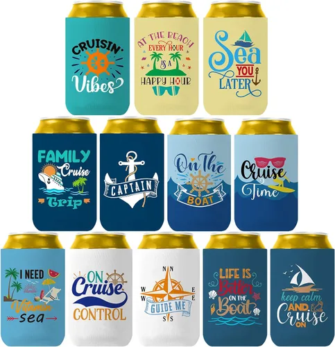 Vista 7 de Enfriador de latas con temática de playa, paquete de 12 fundas divertidas para latas de verano para decoración de fiesta en la playa, neopreno