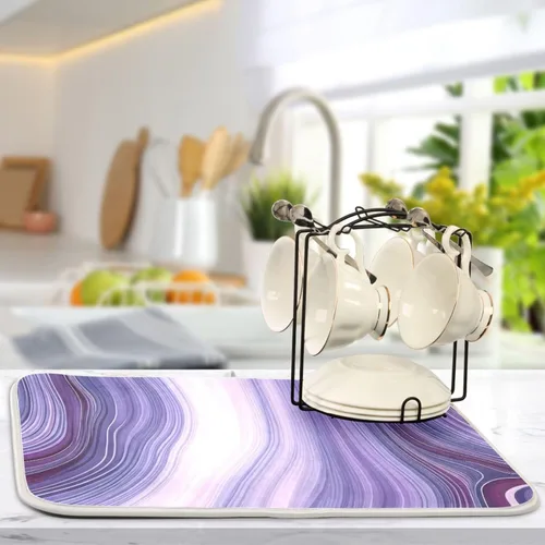 Vista 5 de Hermosa alfombra de secado de platos con textura de mármol morado para encimera de cocina, 18 x 24 pulgadas, almohadilla de secado de microfibra