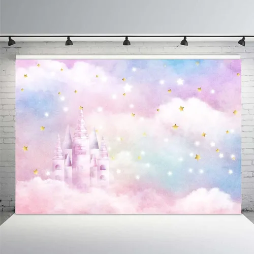 Vista 8 de MEHOFOND Acuarela de arco iris pastel para estudio fotográfico, decoración de fondo para cabina de estudio fotográfico, estrellas doradas, nube