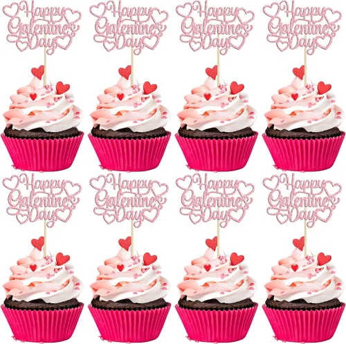 Vista 16 de 24 piezas de decoración de cupcakes con purpurina dorada para el día de San Valentín, temática de San Valentín, fiesta de cumpleaños, suministros