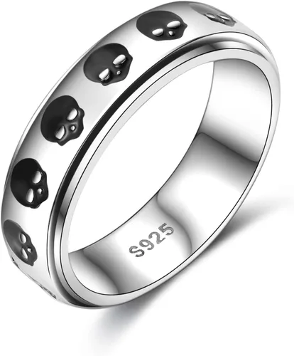 Vista 16 de YAFEINI Anillo giratorio de plata de ley con elefante, mal de ojo, abeja, cruz, cráneo, montaña, luna triple, conejo, anillo giratorio