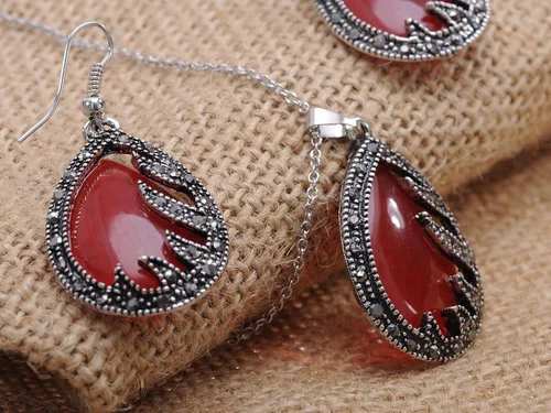 Vista 4 de alilang tono plateado Gunmetal sintética Ruby lágrima Juego de Collar con Colgante Pendiente de piedra