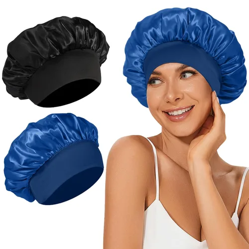 Vista 10 de 4 piezas de gorro de satén de seda, gorro de cabello para dormir, gorro de seda elástica de banda ancha para dormir, suave y transpirable Gorra