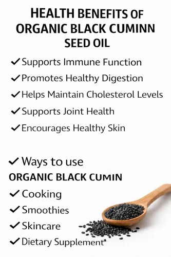 Vista 2 de Aceite de semilla negra orgánico, aceite de semilla de comino negro orgánico, Nigella sativa prensada en frío, vegano, sin gluten y sin OMG, líquido