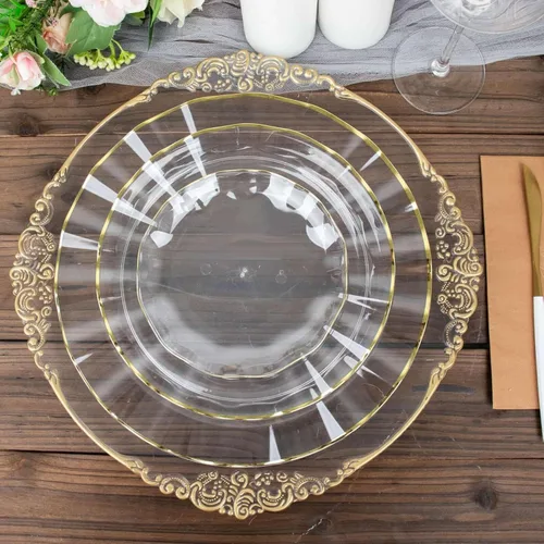 Vista 39 de Tableclothsfactory Paquete de 10 platos redondos de plástico negro de 6 pulgadas para ensalada de postre, platos desechables con borde ondulado