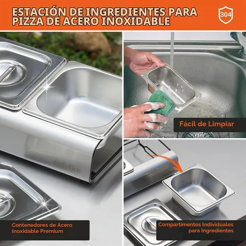 Vista 3 de Onlyfire Estación de Ingredientes para Pizza, Recipientes de Condimentos y Especias de Acero Inoxidable con Tapa y Bandejas de 5 Compartimentos