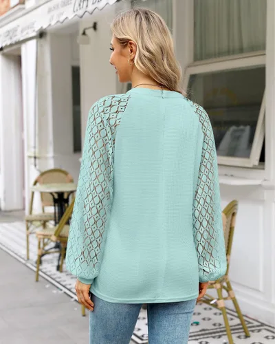 Vista 7 de MIHOLL - Camisa de encaje de manga larga para mujer, estilo informal, corte suelto