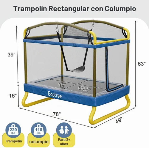 Vista 2 de Baotree Trampolín Rectangular para Niños, 78" Trampolines Recreativos Aprobados por ASTM con Columpio, Red de Cerramiento, Mini Trampolín