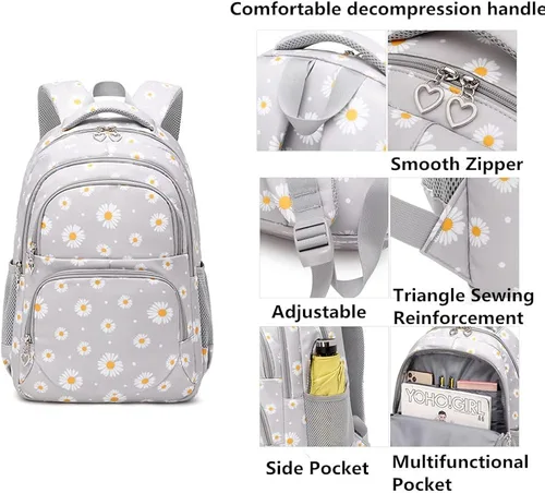 Vista 5 de Daisy Prints - Juego de mochila con kits de almuerzo bolsa de libros para niñas adolescentes 3 piezas mochila escolar degradada para estudiantes