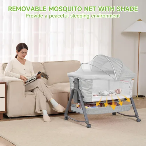 Vista 7 de Real Relax Moisés para bebé, cuna 3 en 1 con cesta de almacenamiento y ruedas, moisés mecedora fácil de plegar para cama lateral, altura ajustable