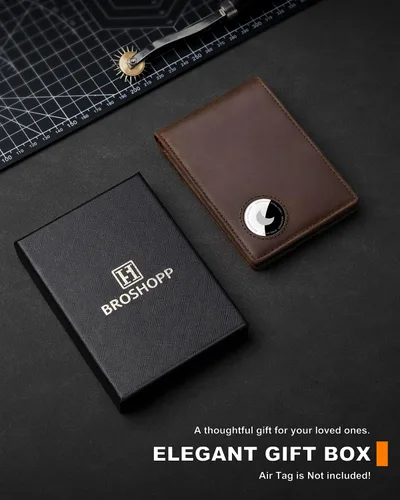 Vista 15 de Billetera AirTag para hombre, de piel auténtica plegable con bloqueo Rfid AirTag con ranuras para efectivo y ventana de identificación, compatible