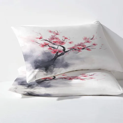 Vista 3 de Juego de sábanas de 3 piezas con estampado de flor de cerezo de tamaño individual, sábanas y fundas de almohada de estilo japonés Sakura, sábana